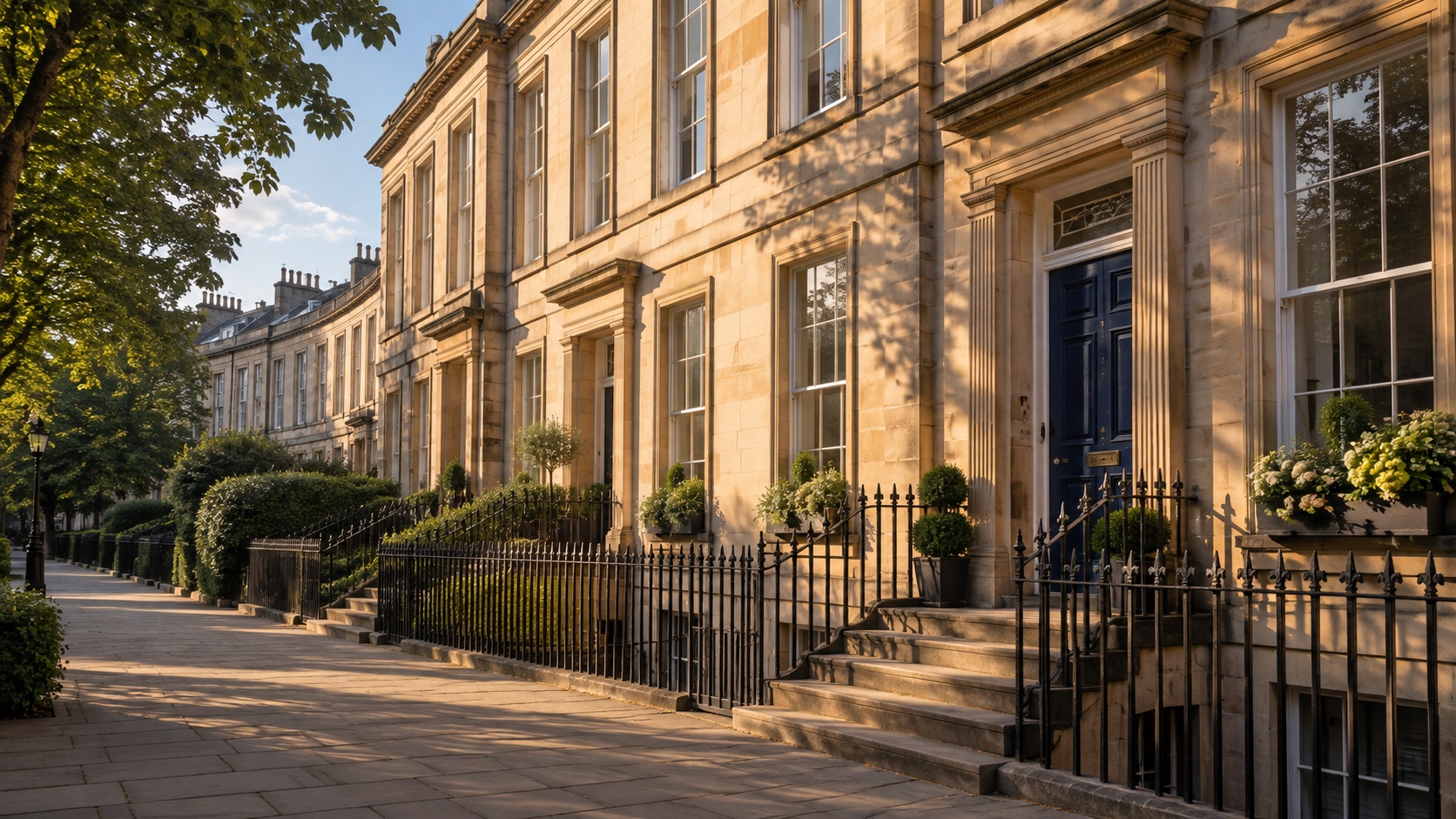 Illustrative Edinburgh townhouses in warm evening light